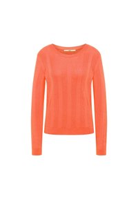 Long-sleeve sweater in bright orange, featuring a ribbed texture and round neckline. Straight hem with fitted cuffs.