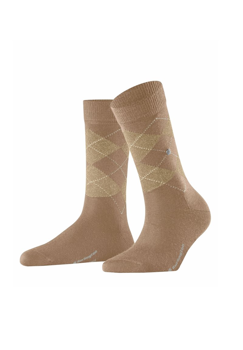 Calze di cotone beige con motivo a rombi in tonalità più chiare e linee bianche a contrasto. Cuffia a costine sulla parte superiore; logo di lato.