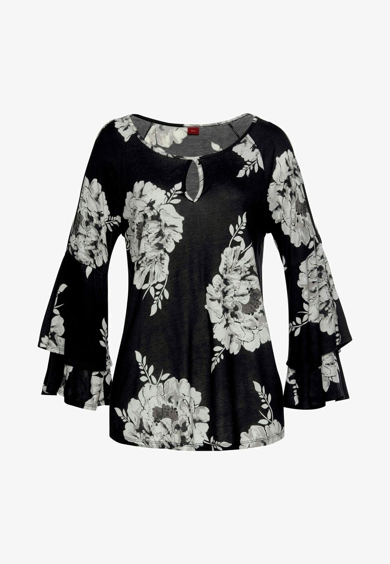 Haut noir à manches longues avec un col rond et un détail en forme de goutte. Caractéristiques de motifs floraux blancs et des manches évasées pour une texture supplémentaire.
