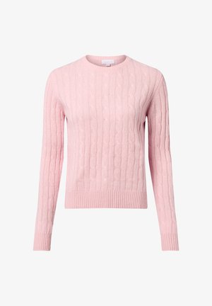 Różowy sweter robiony na drutach z okrągłym dekoltem, długimi rękawami, ściągaczem na dole i teksturalnymi detalami w całym materiale.