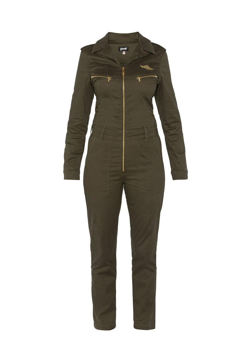 Combinaison vert olive en mélange de coton, avec un col, une fermeture éclair dorée, deux poches poitrine et des jambes fuselées avec une taille ajustée.