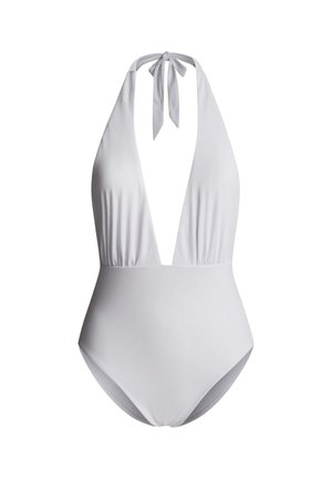 Biały jednoczęściowy strój kąpielowy typu halter z głębokim dekoltem w kształcie litery V oraz wiązaniem na szyi.