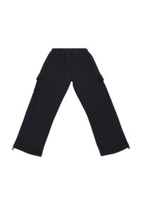 Pantalones de chándal anchos y negros, hechos de una tela suave. Cuentan con una cintura elástica y bolsillos laterales de estilo cargo. Cremalleras en los dobladillos de los tobillos.