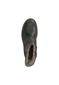 Schwarze Knöchel-Stiefelette aus strukturiertem Leder mit weichem Kunstfellfutter, Reißverschlussdetail und runder Zehenform.