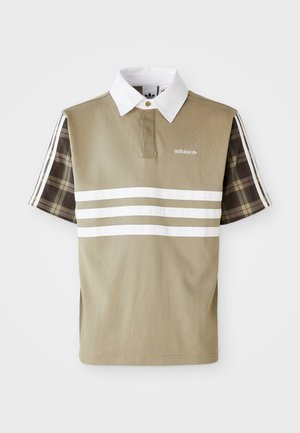 Polo shirt in olive green with white stripes and a plaid pattern on short sleeves. Features a white collar and logo on the chest.