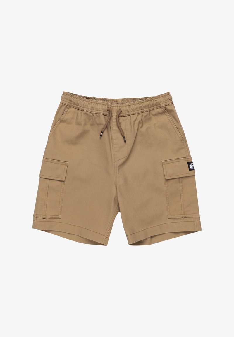 Shorts cargo kaki en coton durable, avec une taille élastique et un cordon de serrage, deux poches latérales et une poche cargo sur le côté gauche.