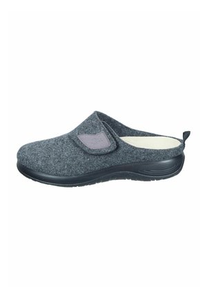 Gray felt slipper with a black rubber sole, open back, and a fabric strap with a small patch detail on the upper. Soft interior lining.