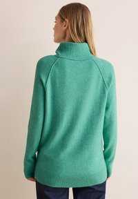 Türkiser Rollkragenpullover mit geripptem Kragen und Bündchen, im lässigen Fit und mit weicher Textur. Die Rückansicht zeigt ein nahtloses Schulterdesign.