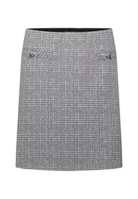 Grijze geruite rok met een rechte snit, een subtiele textuur en twee decoratieve metalen accenten op de voorzakken.