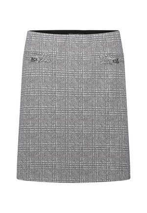 Gonna a quadri grigia con taglio dritto, una texture sottile e due accenti in metallo decorativi sulle tasche frontali.