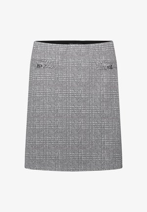 Grau karierter Rock mit geradem Schnitt, subtiler Textur und zwei dekorativen Metallakzenten an den vorderen Taschen.