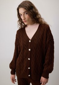 Knitted brown cardigan featuring a V-neck, large cable patterns, balloon sleeves, and silver buttons down the front.