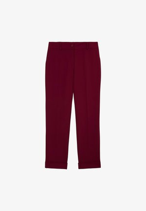 Burgunderfarbene Hosen mit geradem Schnitt, ausgestattet mit Fronttaschen, einem Knopfverschluss und umgeschlagenen Bündchen, aus glattem Stoff gefertigt.