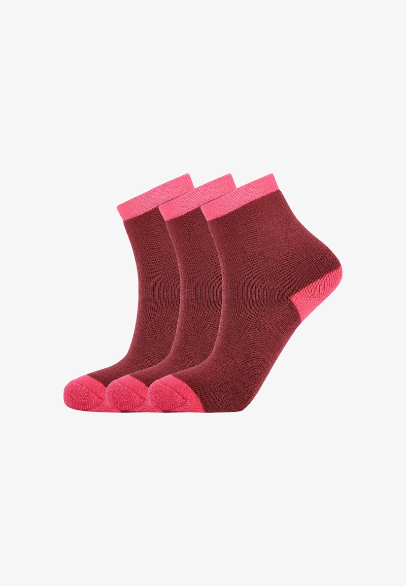 Set of three ankle-length socks. Dark red body, pink cuffs and toe accents. Made from a smooth, stretchy fabric with a ribbed texture.