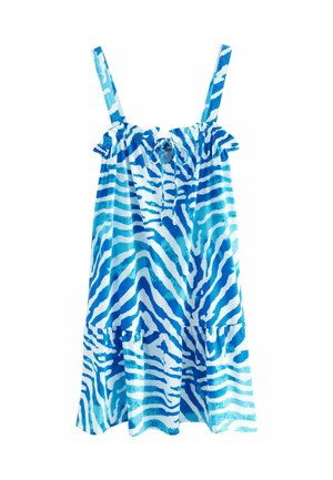 Rochie fără mâneci, bleu și alb, cu un guler volanat, având un model cu dungi de zebră și un tiv evazat. Material moale și ușor.