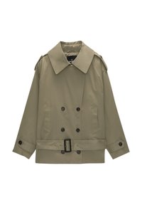 Trench-coat beige croisé avec large col, épaulettes boutonnées, poches latérales, brides boutonnées aux manches et taille ceinturée.