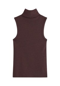 Mørkebordoux ærmeløs turtleneck top med tætsiddende pasform, glat tekstur og høj krave uden synlige sømme.