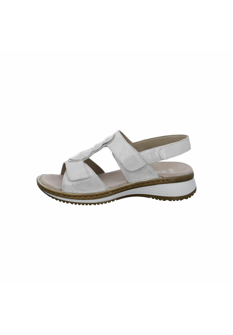 Silver sandal with three front straps, cut-out design, cushioned footbed, and a textured rubber sole for grip. Adjustable back strap.