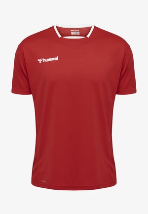 Rotes Fußballtrikot mit kurzen Ärmeln aus leichtem Stoff. Hat einen weißen Saum am runden Kragen und ein Logo auf der linken Brust.