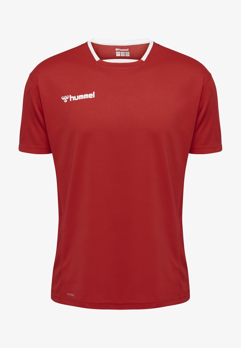 Rød fodboldtrøje med korte ærmer lavet af letvægtsstof. Har en hvid kant på den runde krave og et logo på venstre bryst.