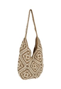 Geweven gehaakte tas in beige met crèmekleurige accenten, met een afgeronde vorm en lange band. Getextureerd met een bloemenpatroon en naadloos ontwerp.