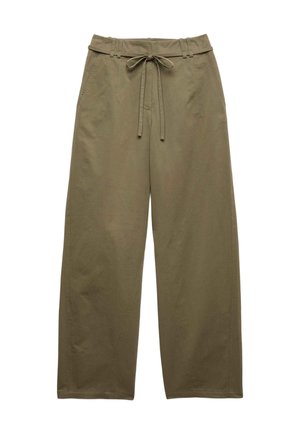 Olive green wide-leg trousers made of lightweight fabric, featuring a drawstring waist and stitched front details. No pockets visible.