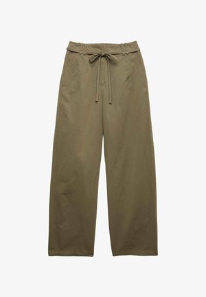 Olive green wide-leg trousers made of lightweight fabric, featuring a drawstring waist and stitched front details. No pockets visible.