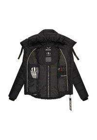 Schwarze Pufferjacke mit einem Reißverschluss vorne, Kapuze und Innentaschen. Mit Logos, Schriftzügen und einer strukturierten Oberfläche. Akzente in Weiß.