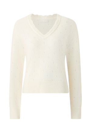 Weißer gestrickter Langarm-Pullover mit V-Ausschnitt und kleinem, rautenförmigem Lochmuster durchgehend.