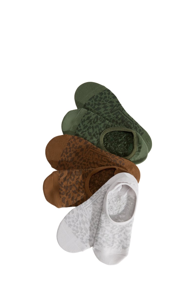 Cuatro pares de calcetines bajos en verde, marrón y blanco. Cada calcetín presenta un patrón de estampado animal texturizado y aberturas elásticas.