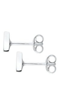 Silberne Manschettenknöpfe mit einer rechteckigen, flachen Oberseite mit glatter Oberfläche, verbunden durch einen dünnen Stab mit doppelten kreisförmigen Schlaufen zum Verschließen.