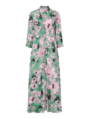 Pikk, nööpidega kleit kerge kangaga, millel on roheline taust ja roosa ning musta lillemustriga. Krae ja 3/4 varrukad.