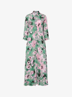 Ilga, su mygtukais suknele, pagaminta iš lengvos medžiagos, su žaliu fonu ir rožinėmis bei juodomis gėlėmis. Apykaklė ir 3/4 ilgio rankovės.