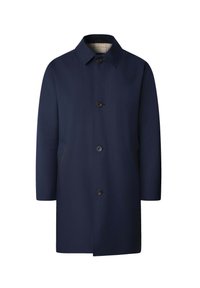 Cappotto blu navy in lana, caratterizzato da un colletto classico, cinque bottoni, tasche laterali e una fodera a scacchi visibile all'interno del colletto.