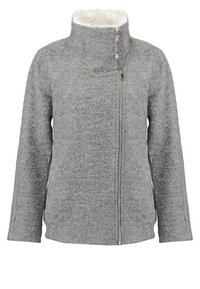 Grå fleecjacka med hög krage, full dragkedja på framsidan och mjukt innerfoder. Har en texturerad yta och långa ärmar.