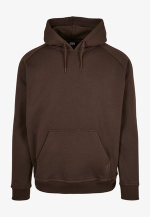 Bruine hoodie van zacht materiaal, met een voorzak, trekkoorden bij de halslijn, en ribbels aan de mouwen en onderkant.