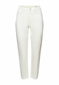 Jean blanc taille haute et coupe slim, avec poches avant, passants de ceinture et fermeture par bouton.