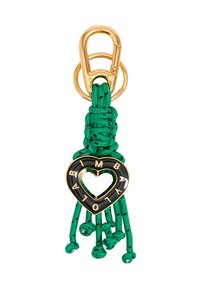 Green braided rope keychain with a gold-tone clip. Features a black heart charm with gold lettering and tassels at the base.