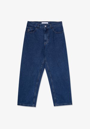 Pantalones de mezclilla azul con corte holgado, con cierre de cremallera y botón, cinco bolsillos y un logo en el bolsillo delantero.