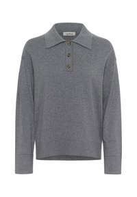 Gray long-sleeve knit sweater with a collar and three brown buttons on the front placket, labeled "soaked."