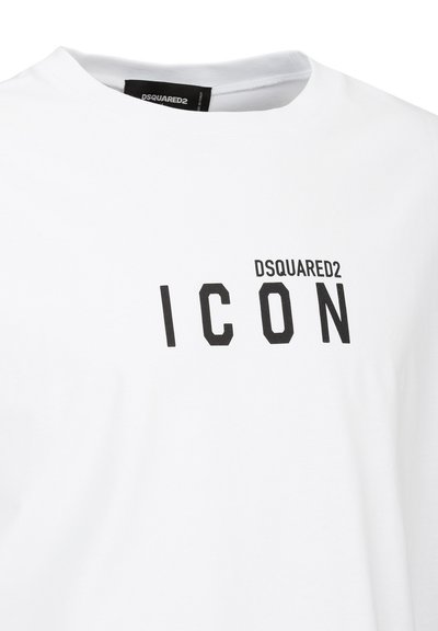 White cotton T-shirt featuring a round neck. Black printed text "DSQUARED2 ICON" across the chest. Soft texture, classic fit.