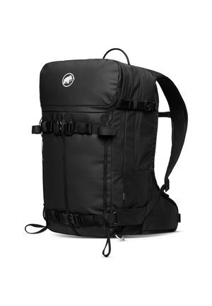 Black backpack with a rectangular shape, made of durable fabric, featuring adjustable straps, buckles, and a logo on the front.