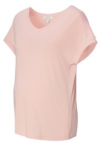 Lyserød kortærmet T-shirt med V-hals, der har tekstureret detaljering på skuldrene og en afslappet pasform. Lavet af blødt stof.