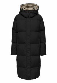 Svart dunjakke med hette og en lys beige fôr. Har glidelås, frontlommer, og en kviltet tekstur i seksjoner.