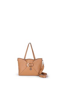 Borsa tote in pelle tan con una texture liscia, caratterizzata da un'ampia apertura, doppi manici e un dettaglio decorativo con fibbia. Incluso un cinturino regolabile.