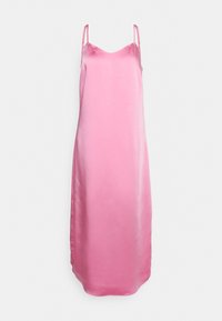 Robe nuisette en satin rose avec une silhouette droite, fines bretelles ajustables, et une texture lisse. Longueur mi-mollet avec un subtil éclat.