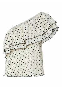Asymmetrical off-shoulder blouse in cream, featuring black polka dots, a layered ruffle at the neckline, and a soft, textured finish.