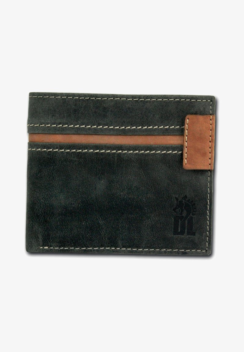 Porte-cartes en cuir gris foncé avec des coutures beige, présentant un accent en cuir marron et un logo en relief. Design mince pour un transport facile.