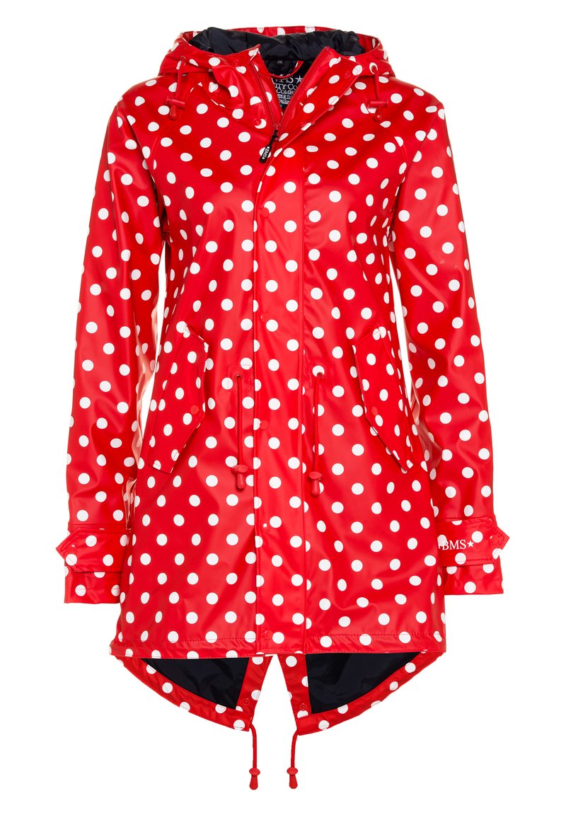 Rote wasserfeste Regenjacke mit weißen Punkten, verstellbare Kapuze, zwei Fronttaschen und Kordelzüge an Taille und Saum.