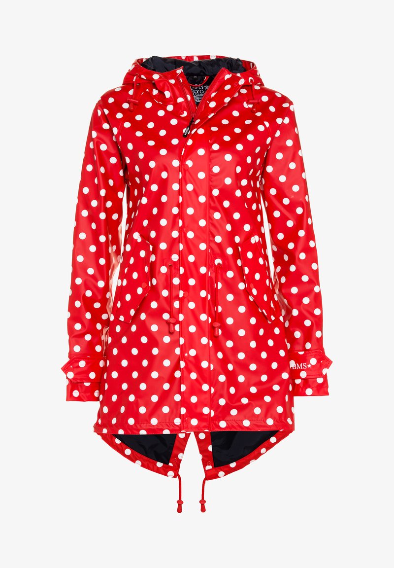 Rote wasserfeste Regenjacke mit weißen Punkten, verstellbare Kapuze, zwei Fronttaschen und Kordelzüge an Taille und Saum.